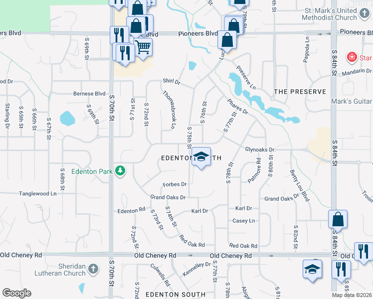 map of restaurants, bars, coffee shops, grocery stores, and more near 7400 Glynoaks Drive in Lincoln