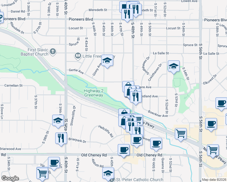 map of restaurants, bars, coffee shops, grocery stores, and more near 4631 Claire Avenue in Lincoln
