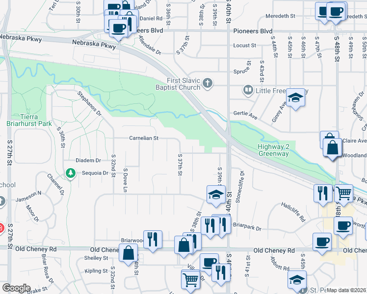 map of restaurants, bars, coffee shops, grocery stores, and more near 5110 South 37th Street in Lincoln