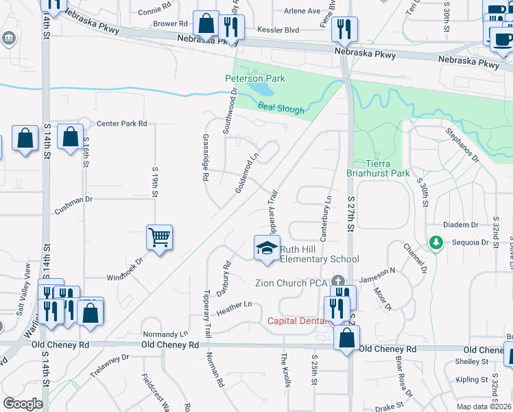 map of restaurants, bars, coffee shops, grocery stores, and more near 2300 Sheffield Place in Lincoln