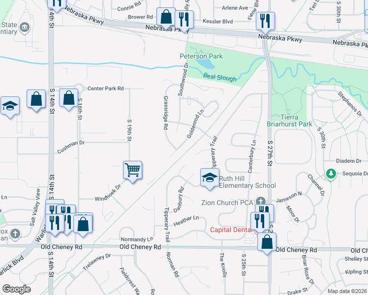 map of restaurants, bars, coffee shops, grocery stores, and more near 5101 Goldenrod Lane in Lincoln
