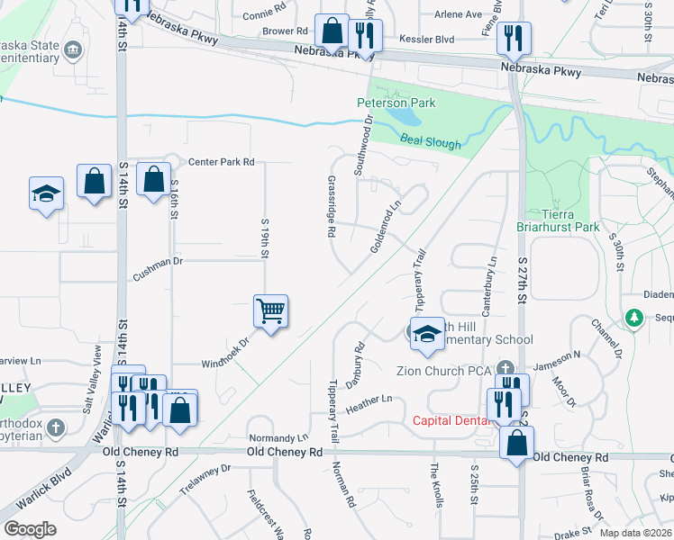 map of restaurants, bars, coffee shops, grocery stores, and more near 5107 Grassridge Road in Lincoln