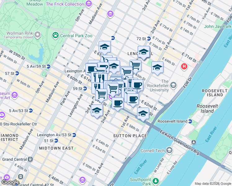 map of restaurants, bars, coffee shops, grocery stores, and more near 263 East 61st Street in New York