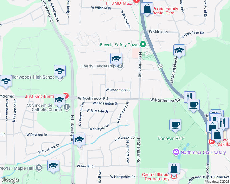 map of restaurants, bars, coffee shops, grocery stores, and more near 821 West Broadmoor Street in Peoria