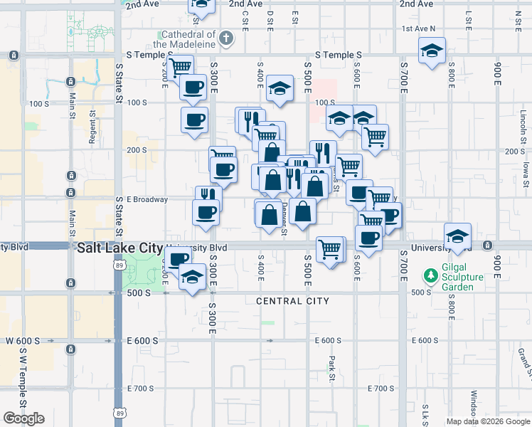 map of restaurants, bars, coffee shops, grocery stores, and more near 408 East 300 South in Salt Lake City
