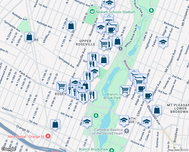 map of restaurants, bars, coffee shops, grocery stores, and more near 428 North 5th Street in Newark