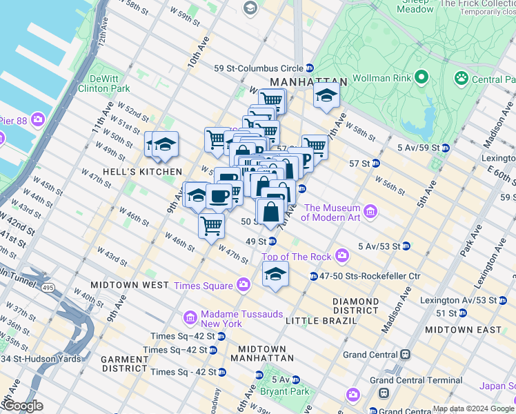 map of restaurants, bars, coffee shops, grocery stores, and more near 1633 Broadway in New York
