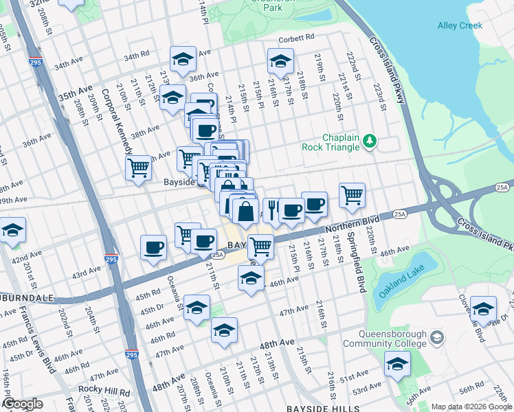 map of restaurants, bars, coffee shops, grocery stores, and more near 4216 214th Place in Queens