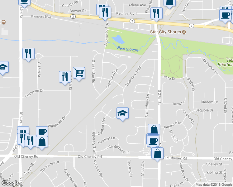 map of restaurants, bars, coffee shops, grocery stores, and more near 2300 Sheffield Place in Lincoln