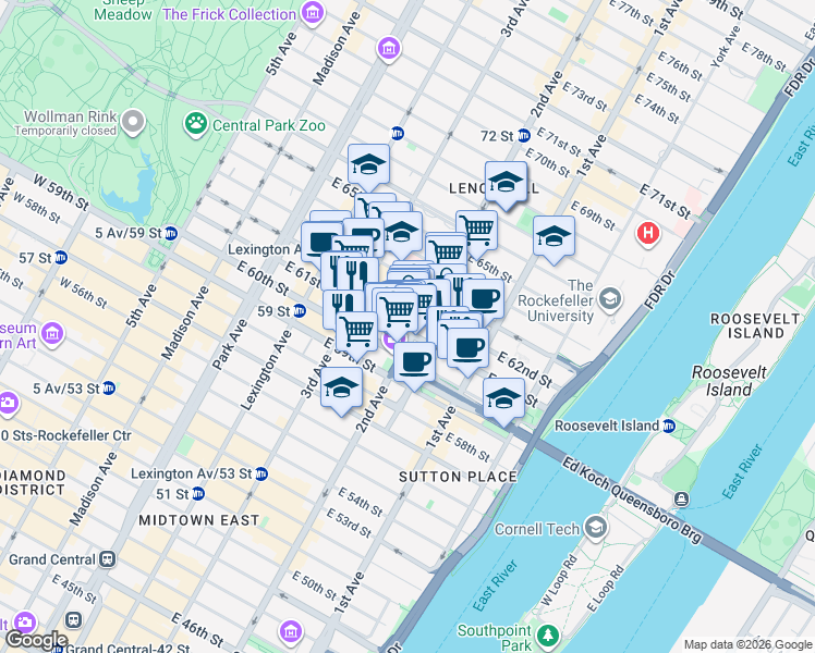 map of restaurants, bars, coffee shops, grocery stores, and more near 255 East 61st Street in New York
