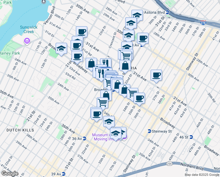 map of restaurants, bars, coffee shops, grocery stores, and more near 30-06 Broadway in Queens
