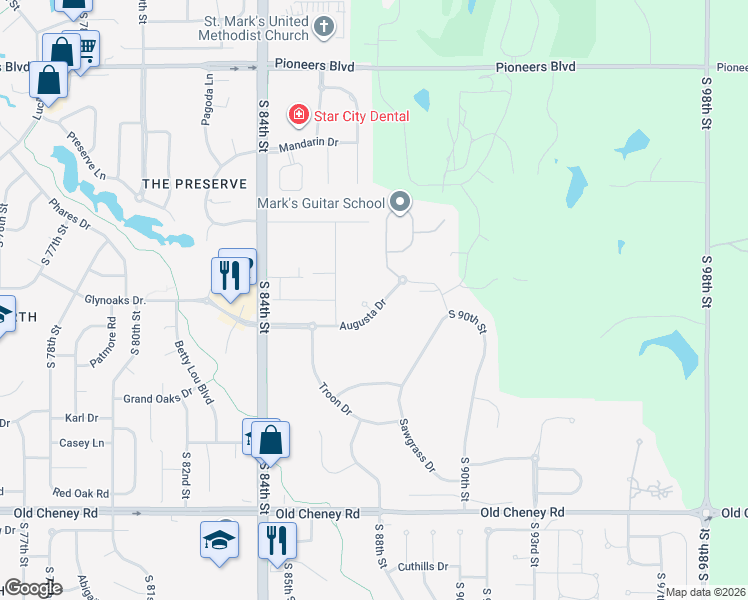 map of restaurants, bars, coffee shops, grocery stores, and more near 8740 Augusta Circle in Lincoln