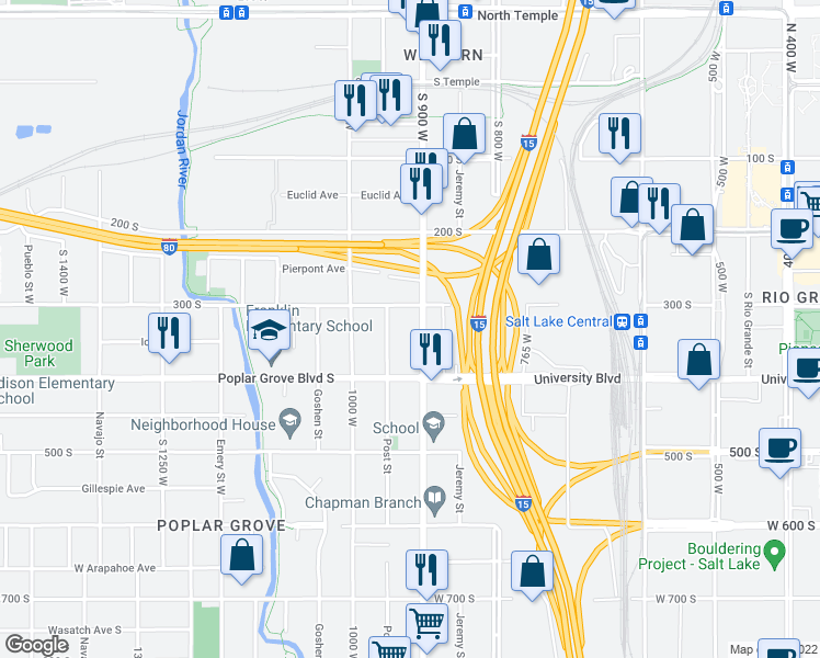 map of restaurants, bars, coffee shops, grocery stores, and more near 324 South 900 West in Salt Lake City