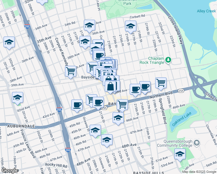 map of restaurants, bars, coffee shops, grocery stores, and more near 42-07 Bell Boulevard in Queens