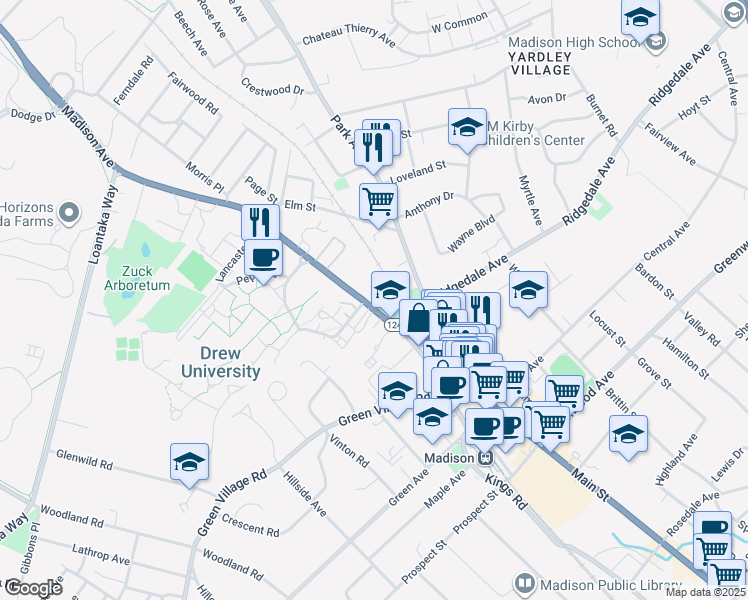 map of restaurants, bars, coffee shops, grocery stores, and more near 13 Madison Avenue in Madison