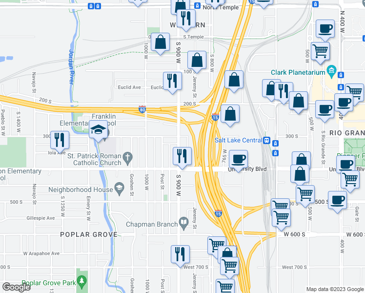 map of restaurants, bars, coffee shops, grocery stores, and more near 321 South 900 West in Salt Lake City