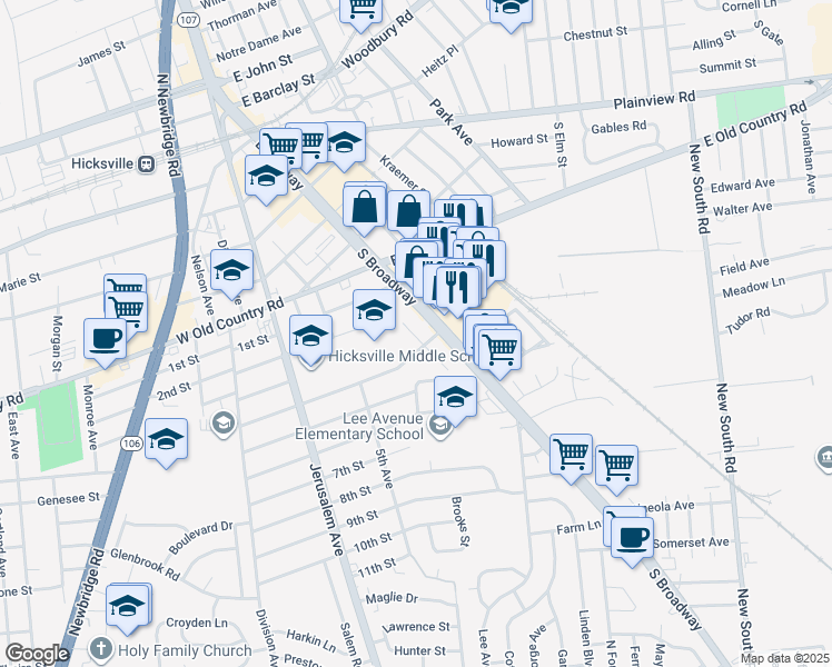 map of restaurants, bars, coffee shops, grocery stores, and more near in Hicksville