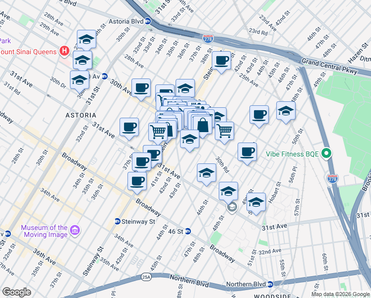 map of restaurants, bars, coffee shops, grocery stores, and more near 30-42 42nd Street in Queens