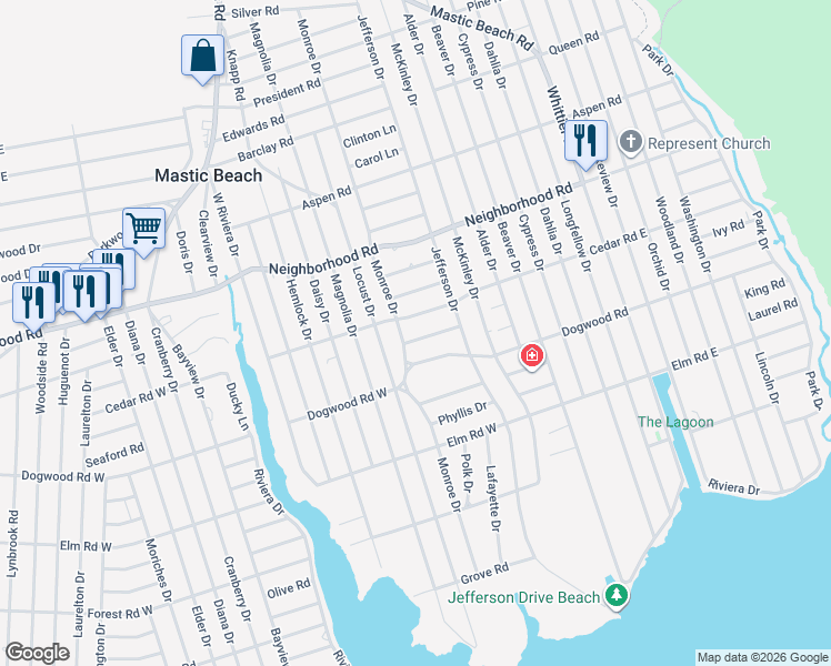 map of restaurants, bars, coffee shops, grocery stores, and more near 157 Monroe Drive in Mastic Beach