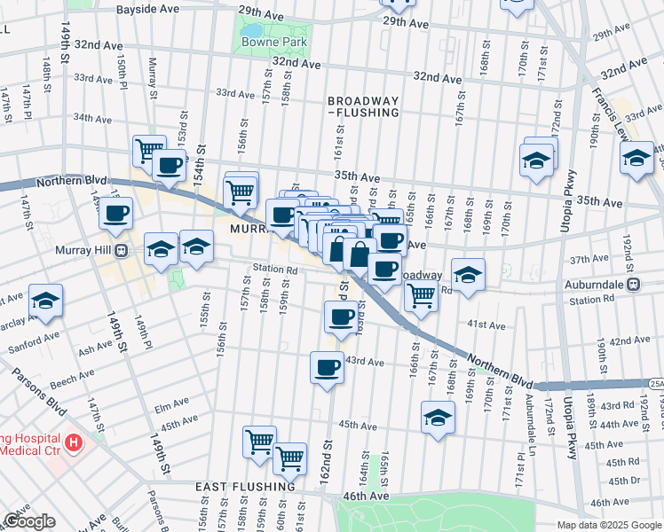 map of restaurants, bars, coffee shops, grocery stores, and more near 160-38 Northern Boulevard in Queens