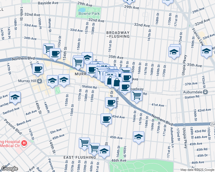 map of restaurants, bars, coffee shops, grocery stores, and more near 160-38 Northern Boulevard in Queens