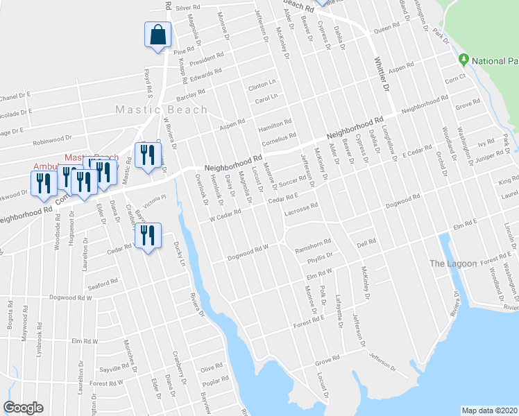 map of restaurants, bars, coffee shops, grocery stores, and more near 167 Cedar Road East in Mastic Beach