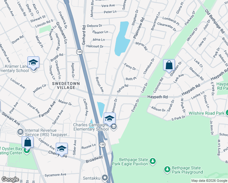 map of restaurants, bars, coffee shops, grocery stores, and more near 7 Sylvia Road in Plainview