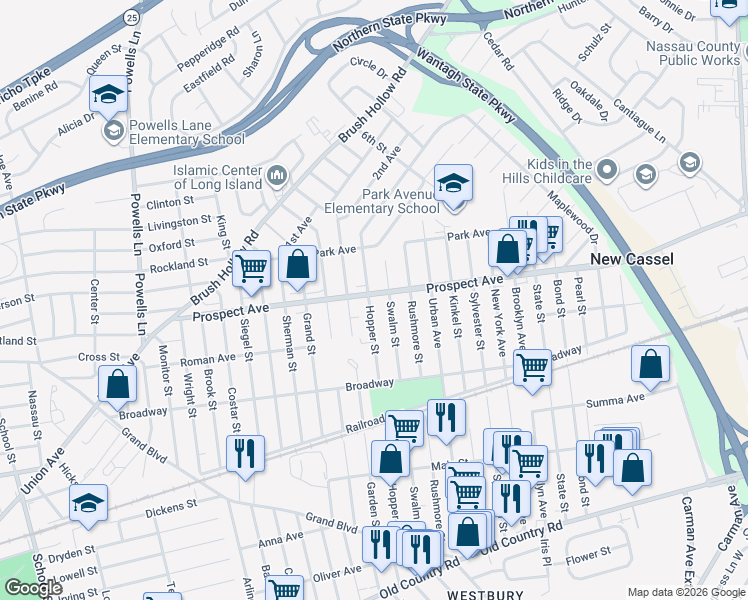 map of restaurants, bars, coffee shops, grocery stores, and more near 893 Prospect Avenue in Westbury