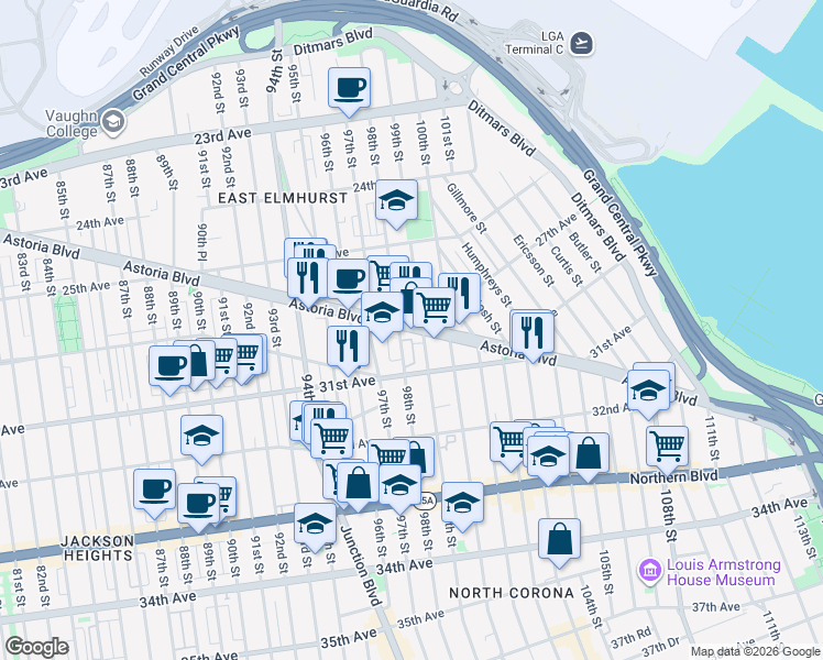 map of restaurants, bars, coffee shops, grocery stores, and more near 98-19 Astoria Boulevard in Queens