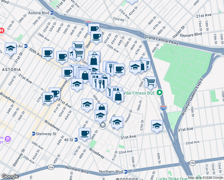 map of restaurants, bars, coffee shops, grocery stores, and more near 28-46 46th Street in Queens
