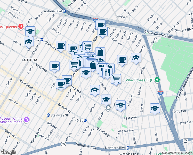 map of restaurants, bars, coffee shops, grocery stores, and more near 43-04 30th Avenue in Queens