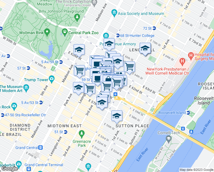 map of restaurants, bars, coffee shops, grocery stores, and more near 210A East 61st Street in New York
