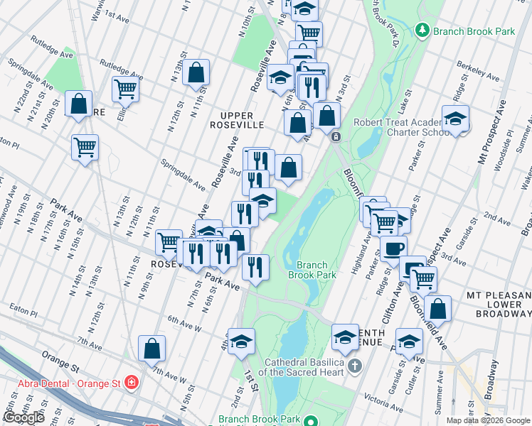 map of restaurants, bars, coffee shops, grocery stores, and more near 428 North 5th Street in Newark