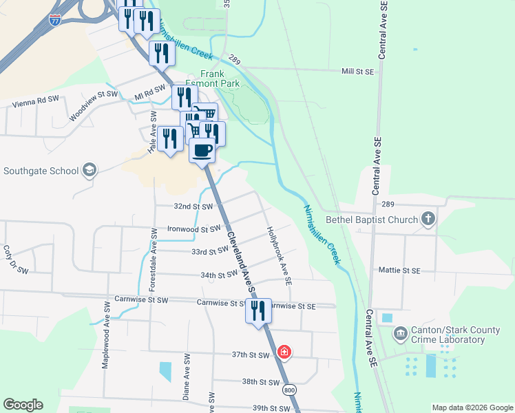 map of restaurants, bars, coffee shops, grocery stores, and more near 318 32nd Street Southeast in Canton