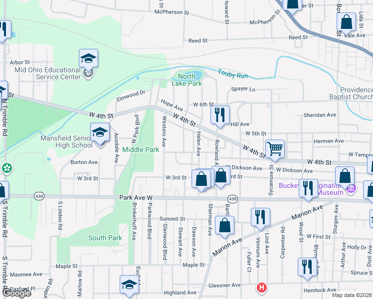 map of restaurants, bars, coffee shops, grocery stores, and more near 136 Rae Avenue in Mansfield