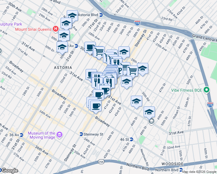 map of restaurants, bars, coffee shops, grocery stores, and more near 30-74 Steinway Street in Queens