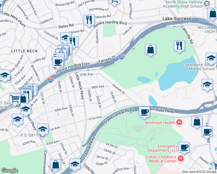 map of restaurants, bars, coffee shops, grocery stores, and more near 57-54 Hewlett Street in Queens