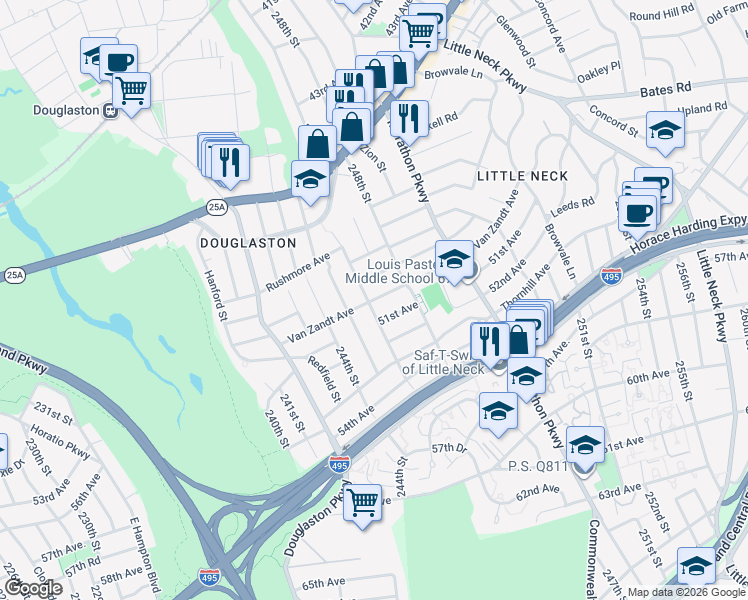 map of restaurants, bars, coffee shops, grocery stores, and more near 49-04 Overbrook Street in Queens