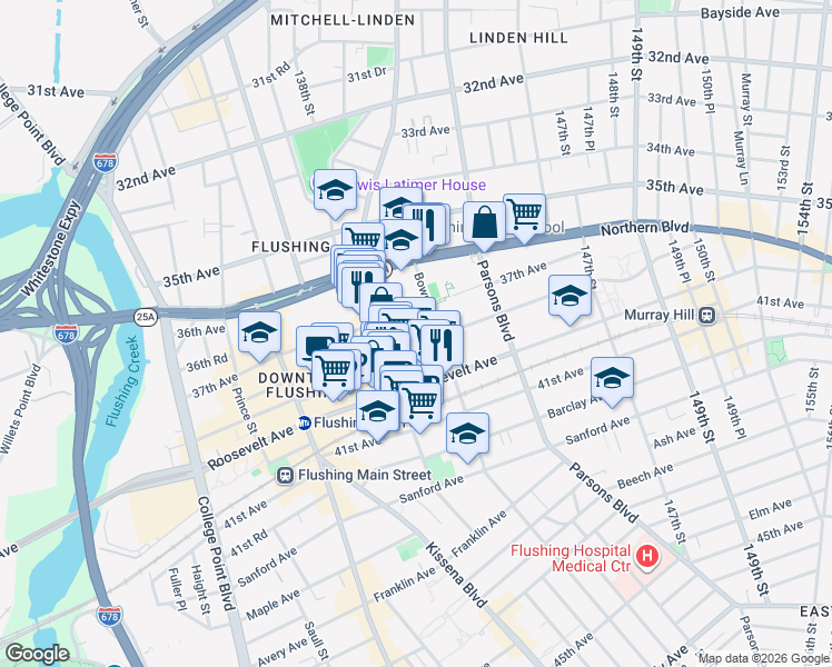 map of restaurants, bars, coffee shops, grocery stores, and more near 37-08 Bowne Street in Queens