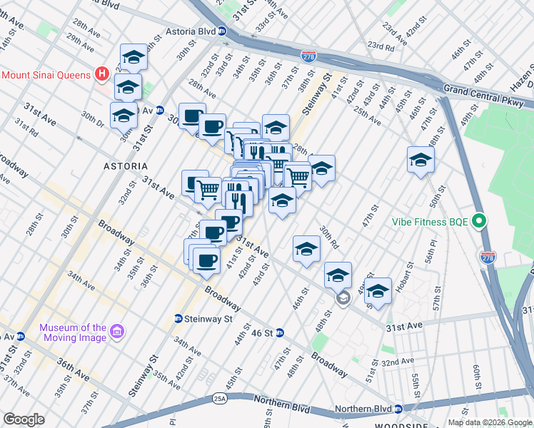 map of restaurants, bars, coffee shops, grocery stores, and more near 30-49 Steinway Street in Queens