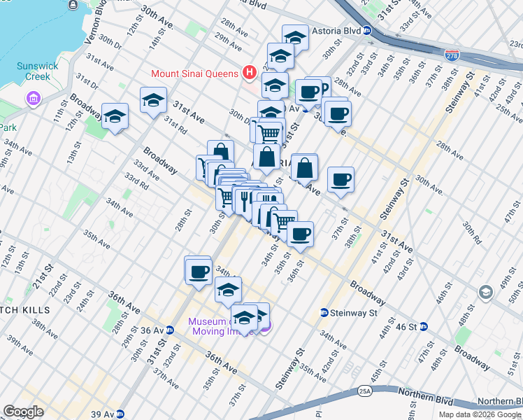 map of restaurants, bars, coffee shops, grocery stores, and more near 31-53 31st Street in Queens