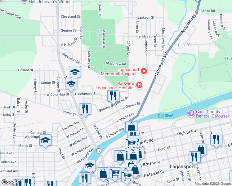 map of restaurants, bars, coffee shops, grocery stores, and more near 1108 Pleasant Hill in Logansport