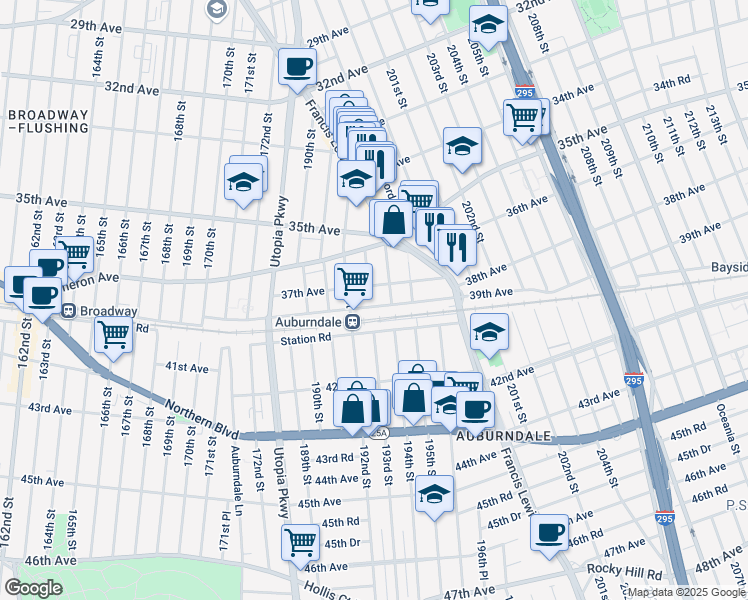 map of restaurants, bars, coffee shops, grocery stores, and more near 193-05 39th Avenue in Queens