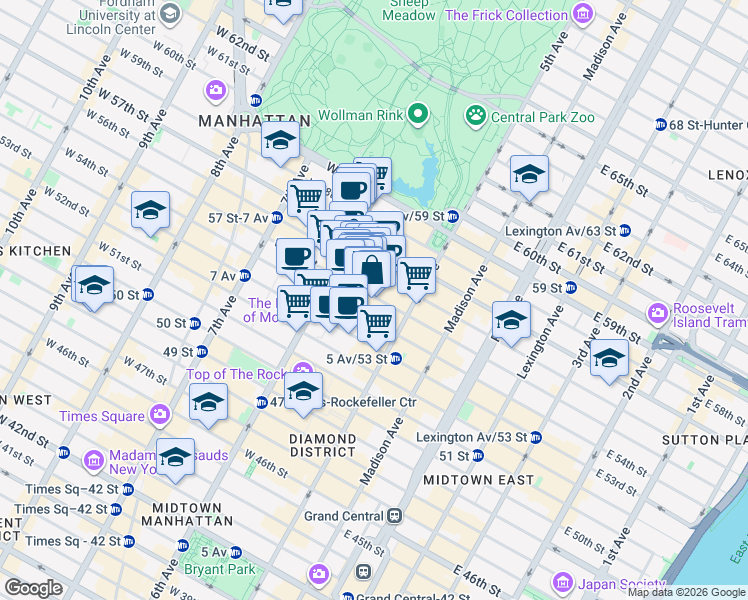 map of restaurants, bars, coffee shops, grocery stores, and more near 48 West 55th Street in New York