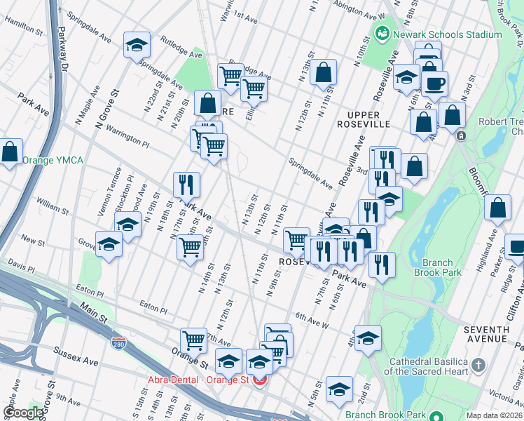map of restaurants, bars, coffee shops, grocery stores, and more near 180 North 12th Street in Newark