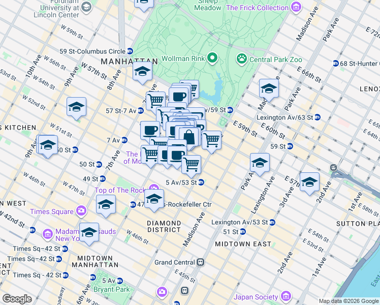 map of restaurants, bars, coffee shops, grocery stores, and more near 48 West 55th Street in New York