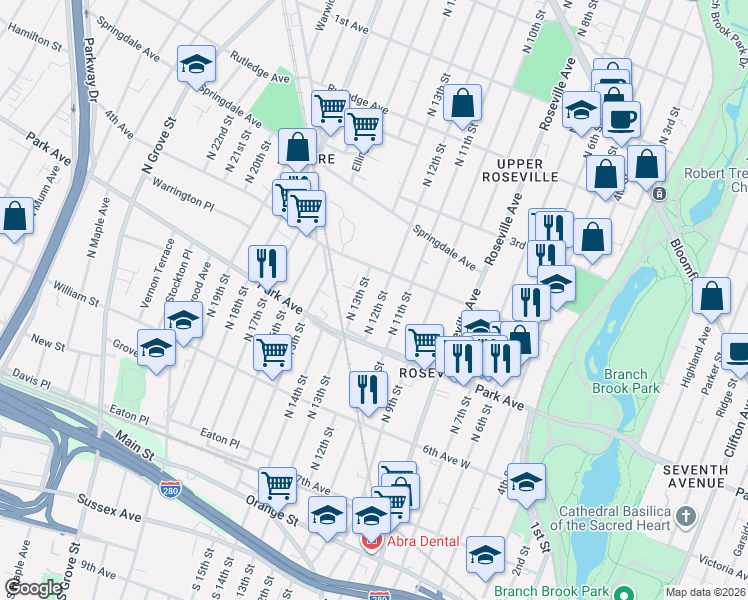 map of restaurants, bars, coffee shops, grocery stores, and more near 180 North 12th Street in Newark