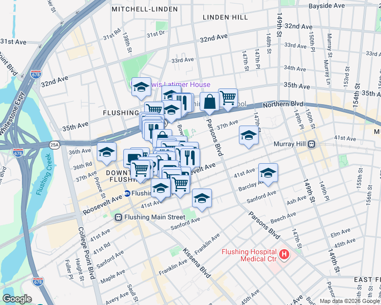 map of restaurants, bars, coffee shops, grocery stores, and more near 143-1 38th Avenue in Queens