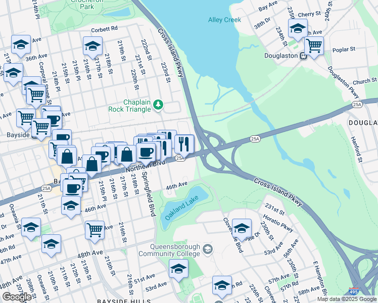 map of restaurants, bars, coffee shops, grocery stores, and more near 43-19 222nd Street in Queens