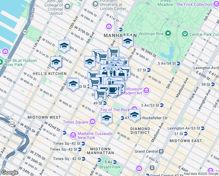 map of restaurants, bars, coffee shops, grocery stores, and more near 790 7th Avenue in New York